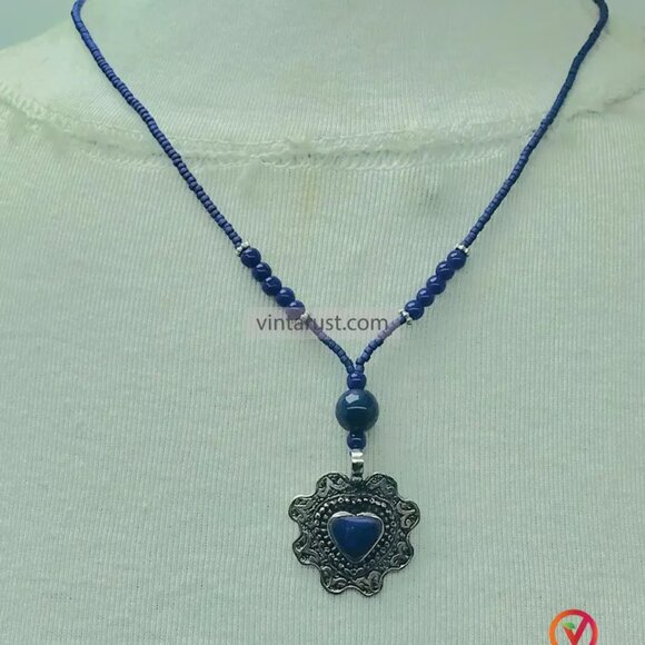 Blue Beaded Necklace with Silver Heart Lapis Pendant, Unique Beaded Necklace - Picture 5 of 11